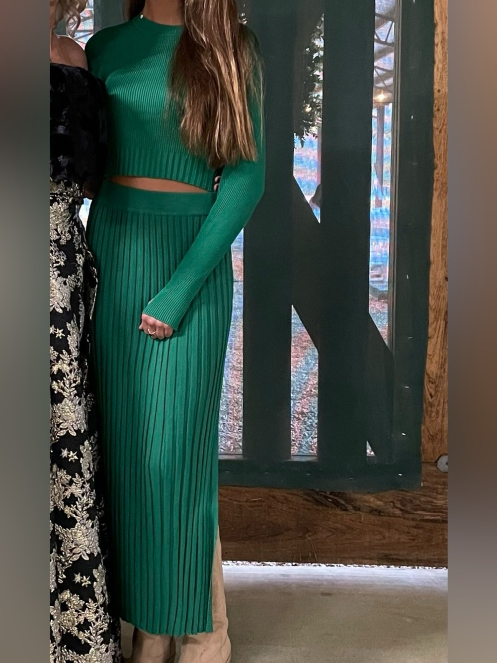 Green Ribbed Knit Maxi Skirt Set